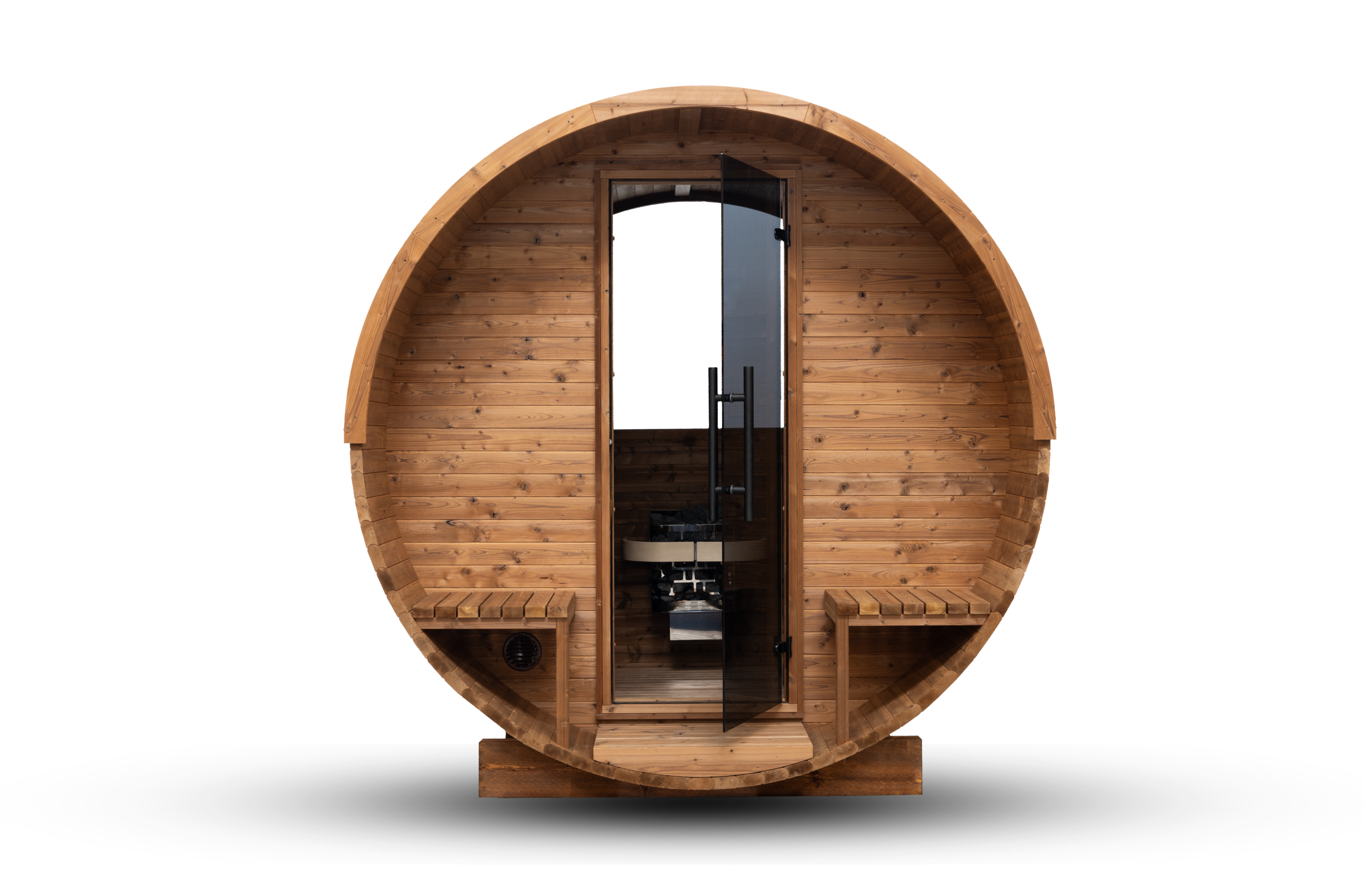Hanscraft Barrel 225 outdoor sauna, front view