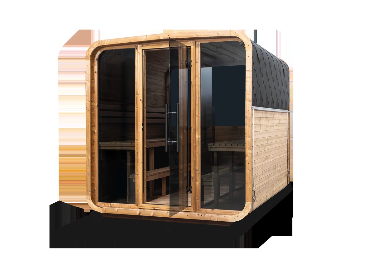 Hanscraft Quadra XL outdoor sauna, front and side view